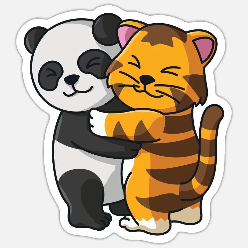 Panda avec chat aime les animaux mignons doux - Sticker taille S (10 x 10 cm) - blanc mat