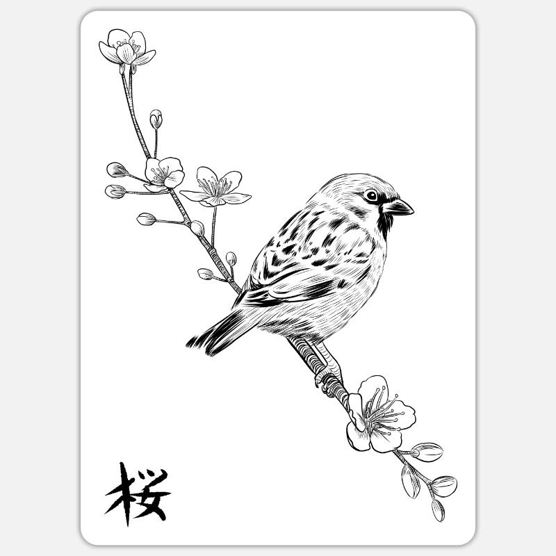 Moineau cerise - Sticker taille S (10 x 10 cm) - blanc mat