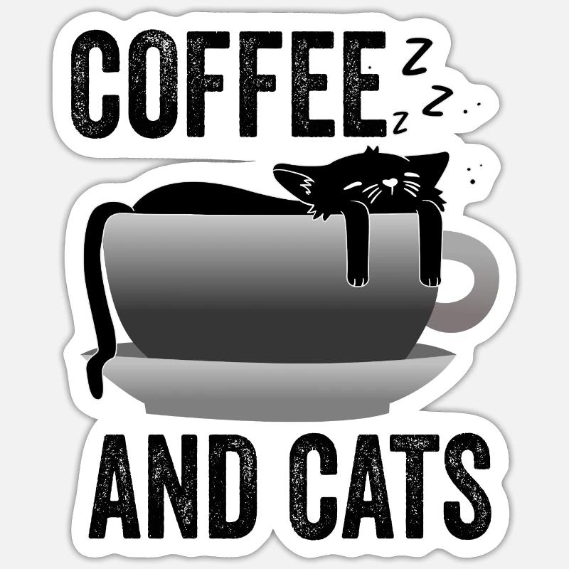 Chat et café drôle - café et chats - Sticker taille S (10 x 10 cm) - blanc mat