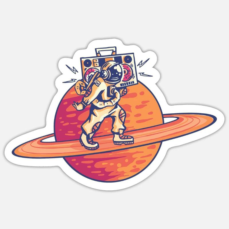 Astronaut geht auf Saturn Ring mit Ghettoblaster - Sticker Größe S (10 x 10 cm) - Mattweiß