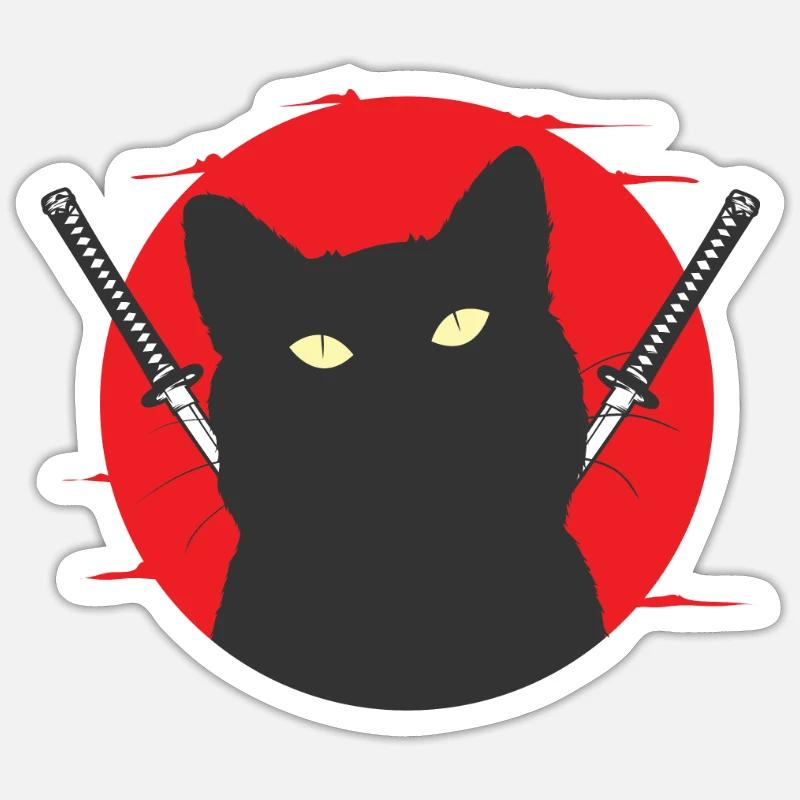 Schwarze Samurai Katze mit Schwerterpaar Sticker Größe S (10 x 10 cm)