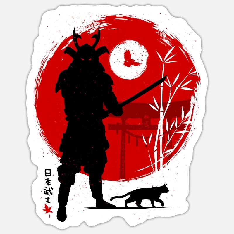 Samouraï avec son chat - Sticker taille S (10 x 10 cm) - blanc mat