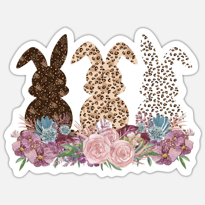 Drôle de lapin de Pâques avec léopard fleurs de Pâques - Sticker taille S (10 x 10 cm) - blanc mat