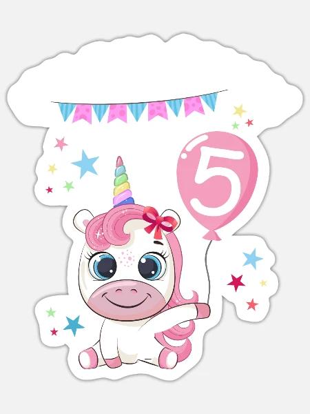 Ich bin schon 5 Einhorn Geburtstag Luftballon Süß - Sticker Größe S (10 x 10 cm) - Mattweiß