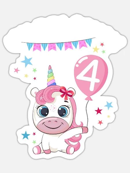 Ich bin schon 4 Einhorn Geburtstag Luftballon Süß - Sticker Größe S (10 x 10 cm) - Mattweiß