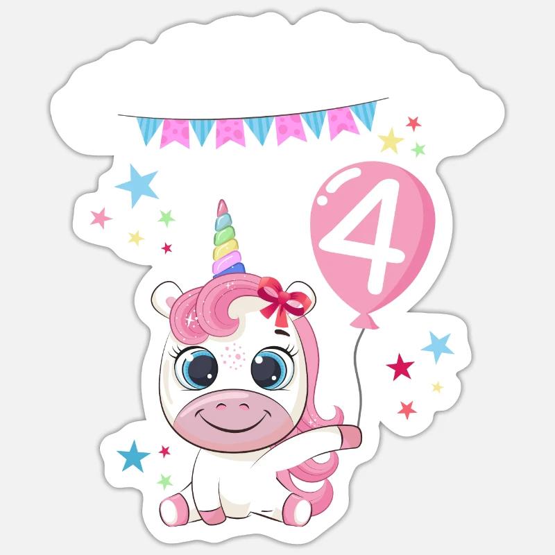 Ich bin schon 4 Einhorn Geburtstag Luftballon Süß - Sticker Größe S (10 x 10 cm) - Mattweiß