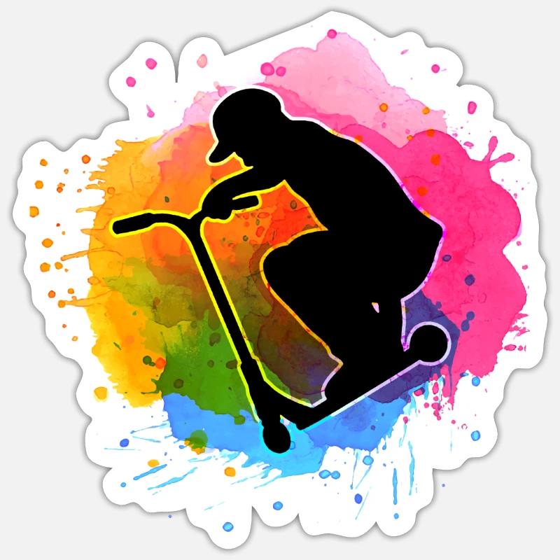 Bunt Aquarell Stuntscooter Stunt Roller - Sticker Größe S (10 x 10 cm) - Mattweiß
