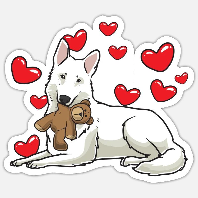 Weißer Schweizer Schäferhund mit Kuscheltier - Sticker Größe S (10 x 10 cm) - Mattweiß