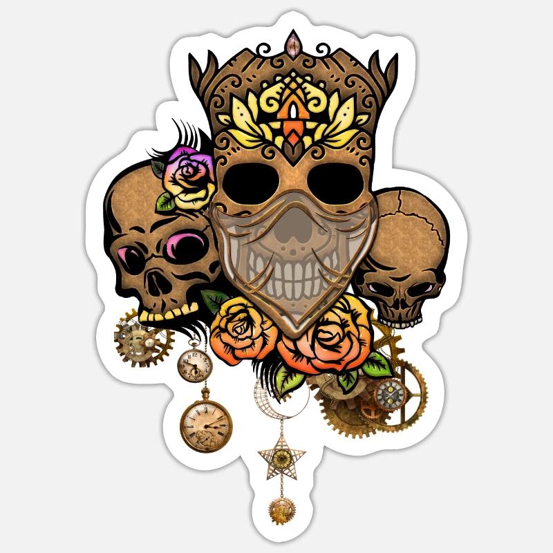 Crâne Steampunk avec des fleurs - Sticker taille S (10 x 10 cm) - blanc mat