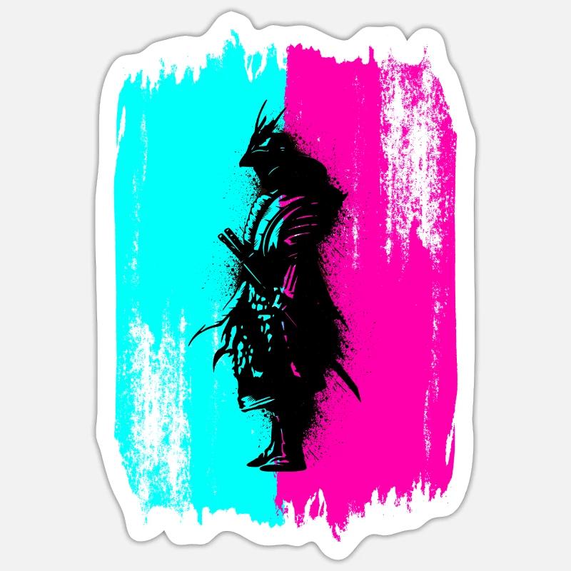 Black Samurai In A Turquoise And Pink Frame Sticker size S (10 x 10 cm)