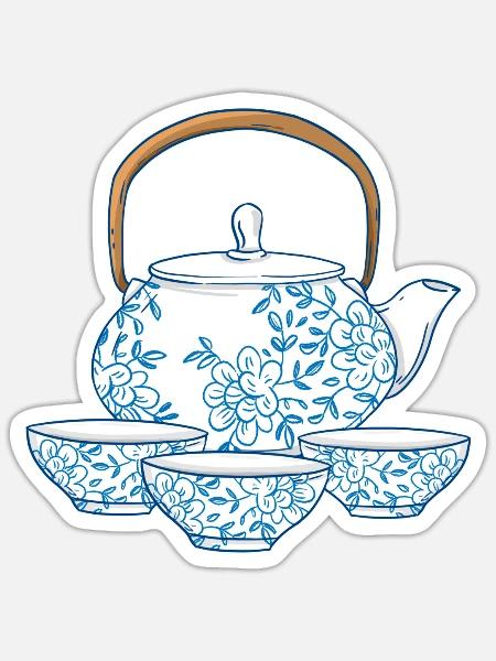 Tee oder Kaffee Kanne mit Tassen asiatische Kunst - Sticker Größe S (10 x 10 cm) - Mattweiß