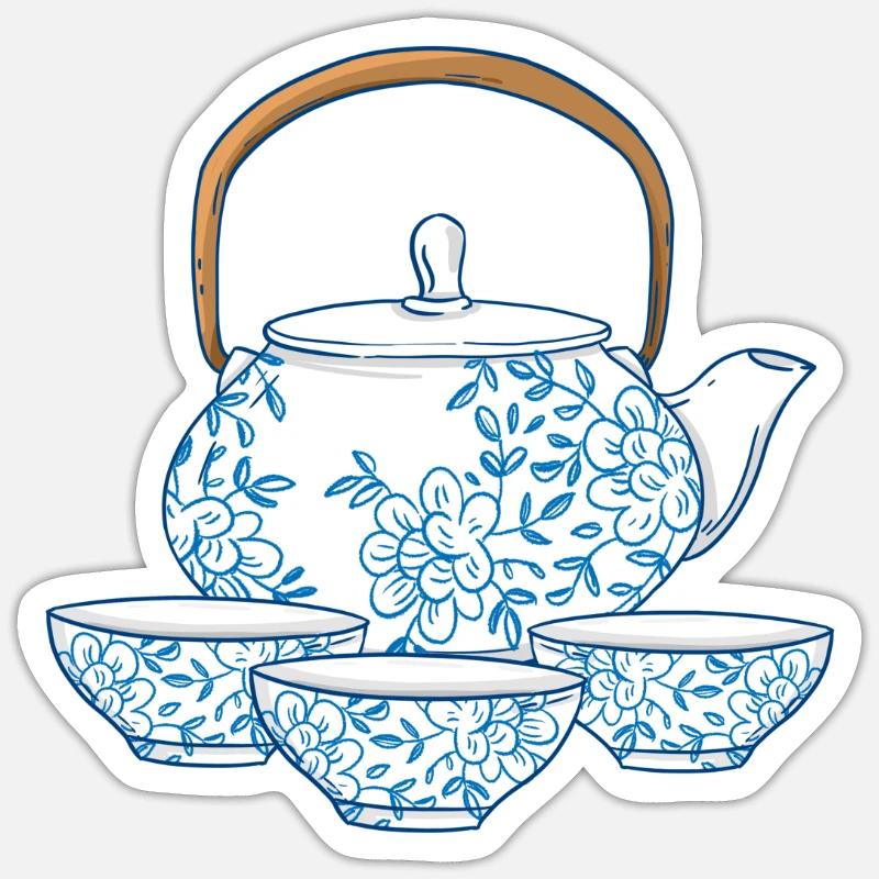 Tee oder Kaffee Kanne mit Tassen asiatische Kunst Sticker Größe S (10 x 10 cm)