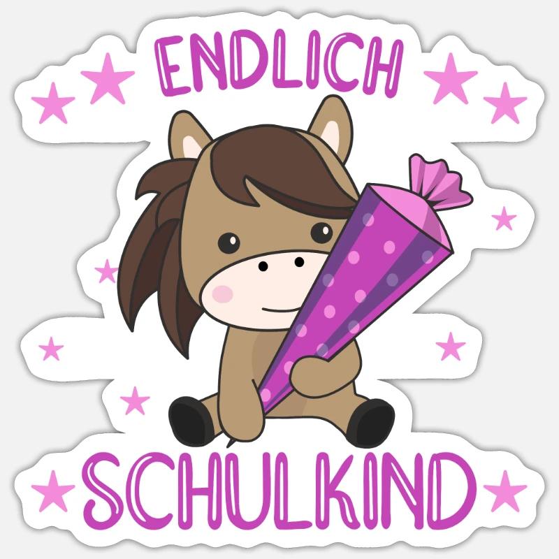 Pferd Schule Einschulung Kindergarten Pony - Sticker Größe S (10 x 10 cm) - Mattweiß