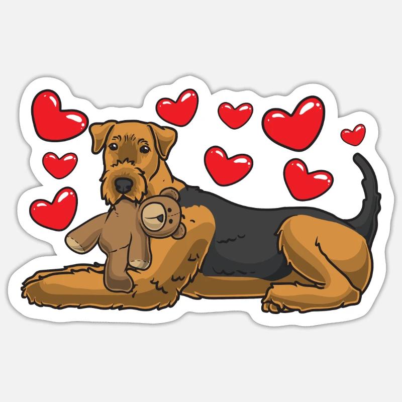 Airedale Terrier med udstoppet dyr - Sticker størrelse S (10 x 10 cm) - mat hvid