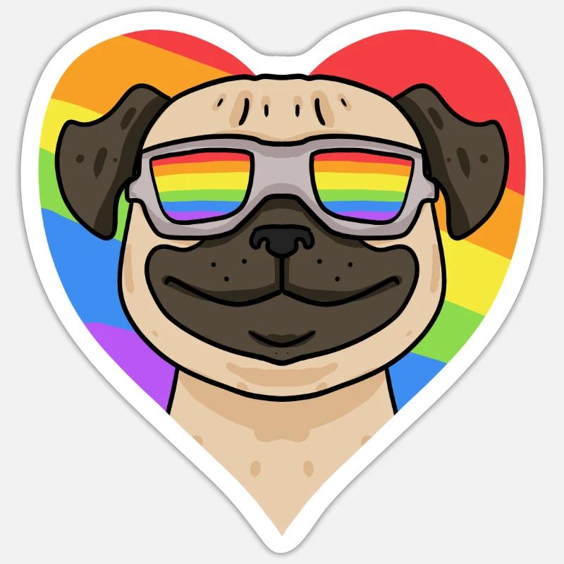 Mops Regenbogen Herz - Sticker Größe S (10 x 10 cm) - Mattweiß