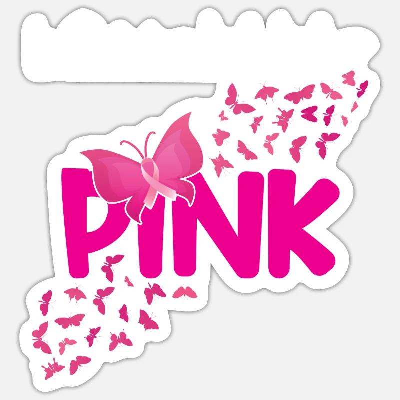 I oktober bærer vi Pink Butterfly brystkræft - Sticker størrelse S (10 x 10 cm) - mat hvid