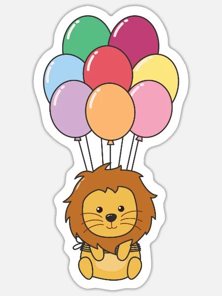 Löwe fliegt mit bunten Luftballons nach oben - Sticker Größe S (10 x 10 cm) - Mattweiß