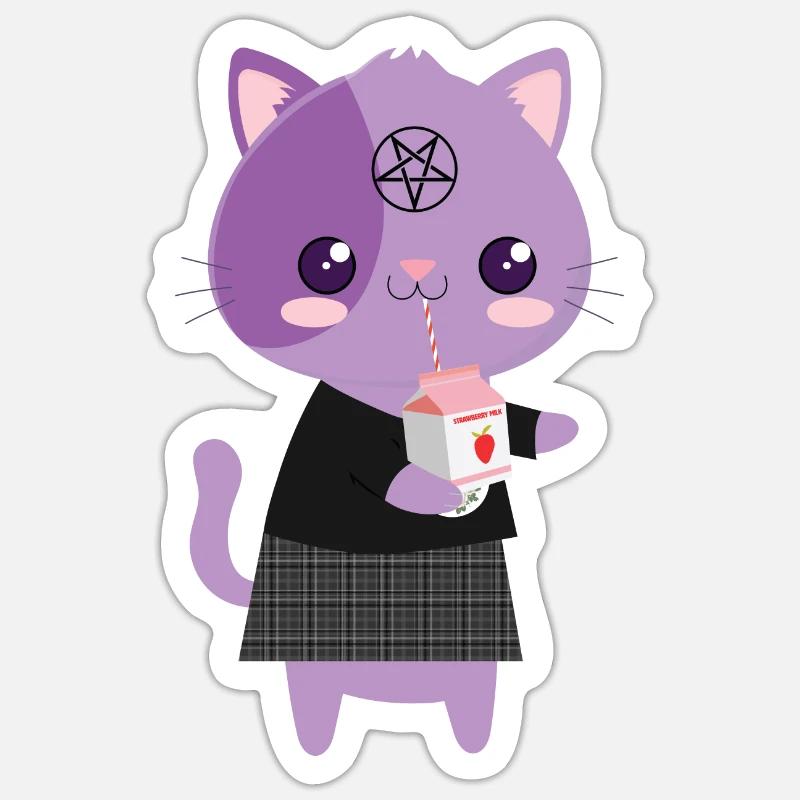 Katze Erdbeermilch Goth-Katze Goth Geschenk - Sticker Größe S (10 x 10 cm) - Mattweiß