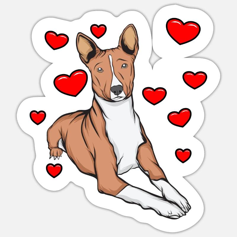 Basenji avec des cœurs - Sticker taille S (10 x 10 cm) - blanc mat