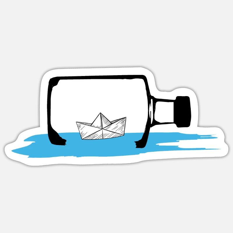 Bateau en papier bouteille de bouteilles courrier maritime - Sticker taille S (10 x 10 cm) - blanc mat