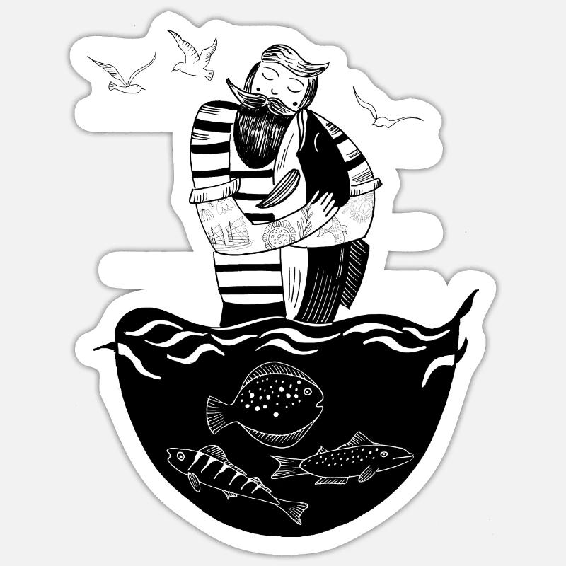 Sailor with fish - Sticker size S (10 x 10 cm) - white matte