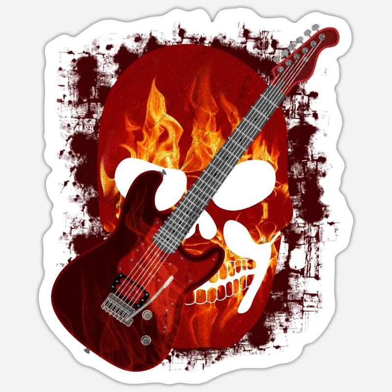 Guitar, skull with flames, fire - Sticker size S (10 x 10 cm) - white matte