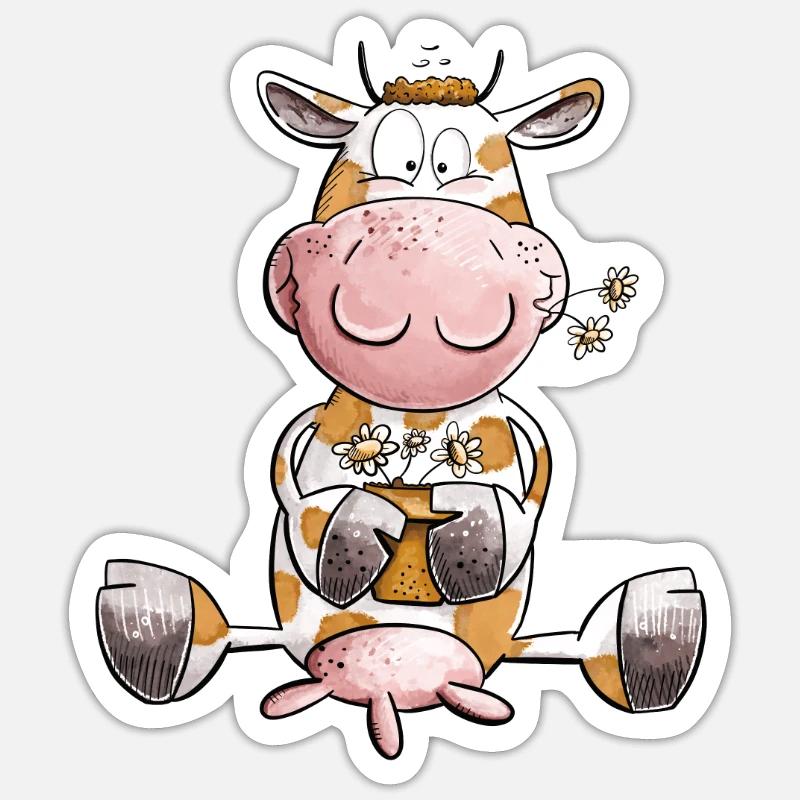 Vache avec des fleurs - Sticker taille S (10 x 10 cm) - blanc mat
