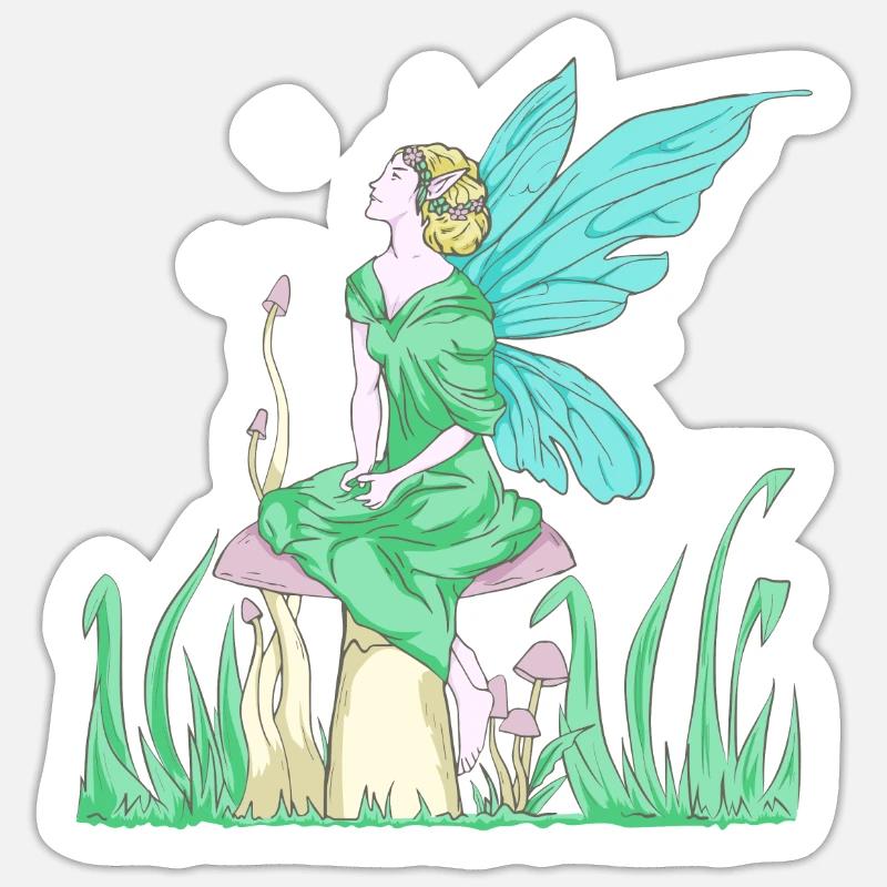 Fairycore Esthétique Elfe Fée sur un champignon Sticker taille S (10 x 10 cm)