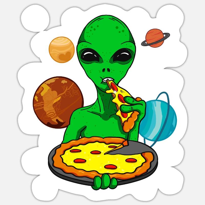 Alien Alien OVNI mangeant de la pizza - Sticker taille S (10 x 10 cm) - blanc mat