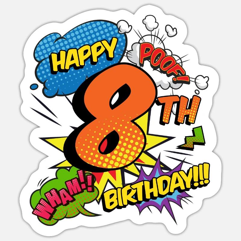 8. Geburtstag Junge Comic-Stil Superhelden Sticker Größe S (10 x 10 cm)
