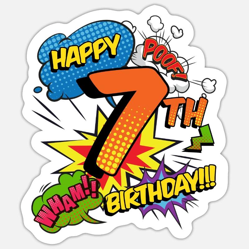 7. Geburtstag Junge Comic-Stil Superhelden Sticker Größe S (10 x 10 cm)