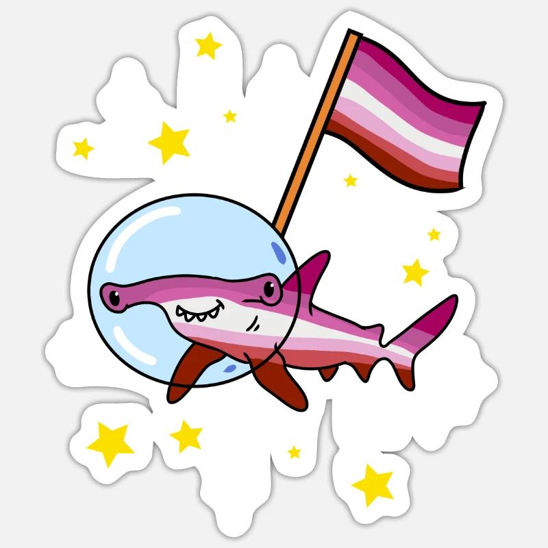 Requin-marteau lesbien dans l’espace Lesbian Pride - Sticker taille S (10 x 10 cm) - blanc mat