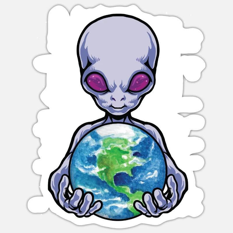 Alien Holding Earth Outer Space Cosmic Universe - Sticker size S (10 x 10 cm) - white matte