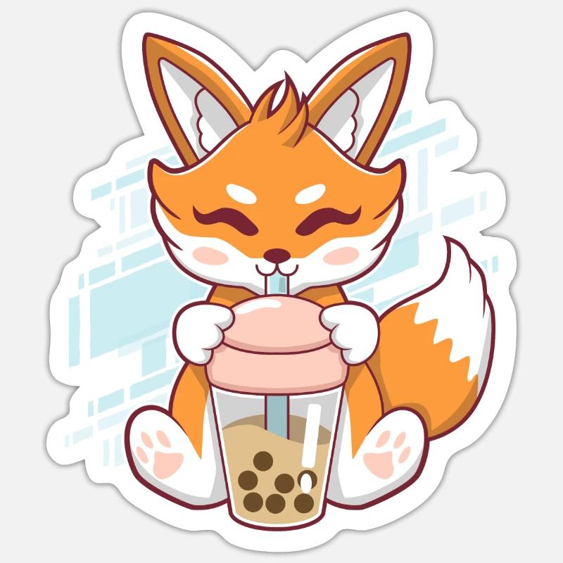 Renard Mignon Boba Fox Bubble Tea Kawaii Japon - Sticker taille S (10 x 10 cm) - blanc mat