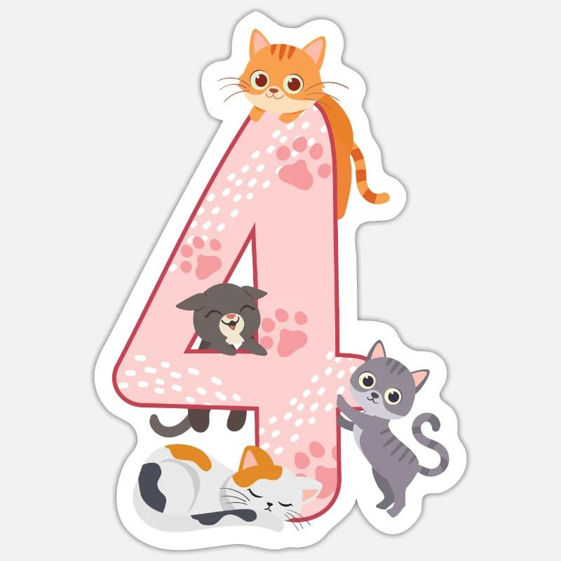 4. Geburtstag Mädchen Katze - Sticker Größe S (10 x 10 cm) - Mattweiß