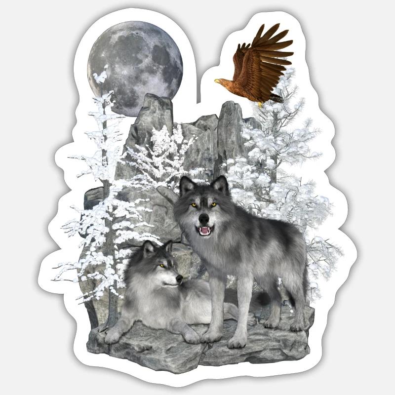 Wolves on rocks with eagle and moon Sticker size S (10 x 10 cm)