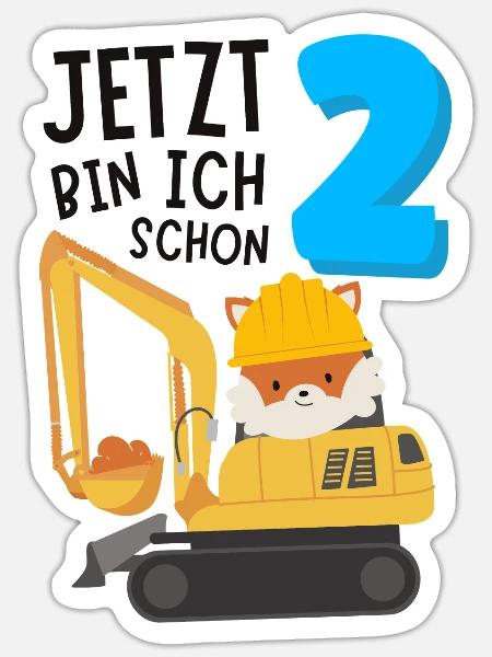 2. Geburtstag - Fuchs mit Bagger - Sticker Größe S (10 x 10 cm) - Mattweiß