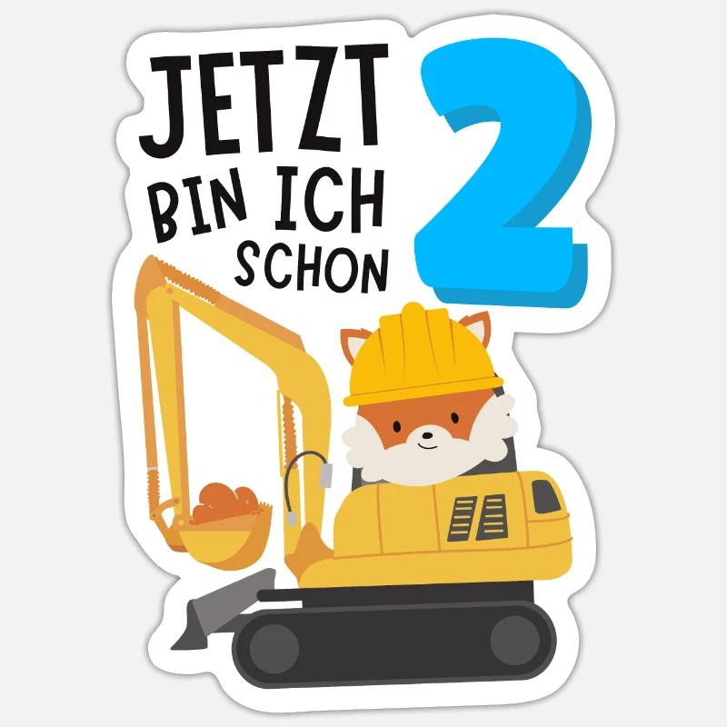 2. Geburtstag - Fuchs mit Bagger - Sticker Größe S (10 x 10 cm) - Mattweiß