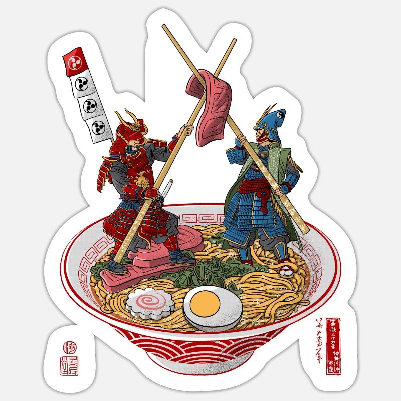 Samurai fight over ramen - Sticker size S (10 x 10 cm) - white matte