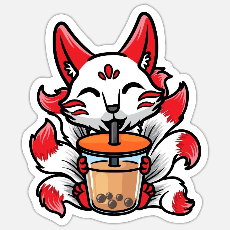 Kitsune Anime Bubble Tea - Sticker taille S (10 x 10 cm) - blanc mat
