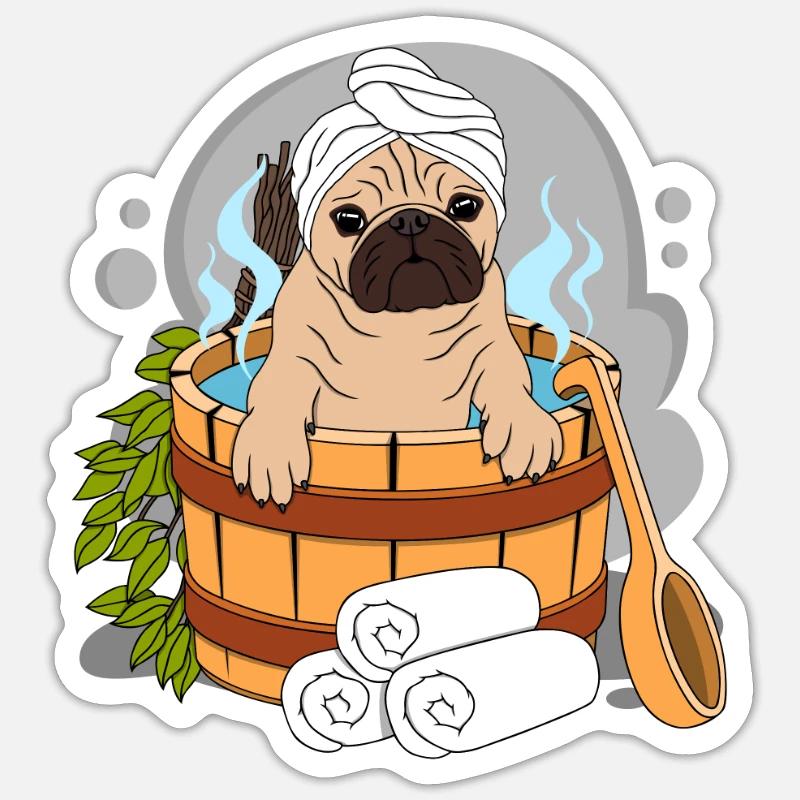 Mops Sauna Wellness - Sticker Größe S (10 x 10 cm) - Mattweiß