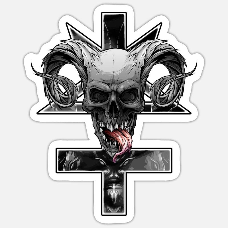 Croce rovesciata con pentagramma e cranio Adesivo