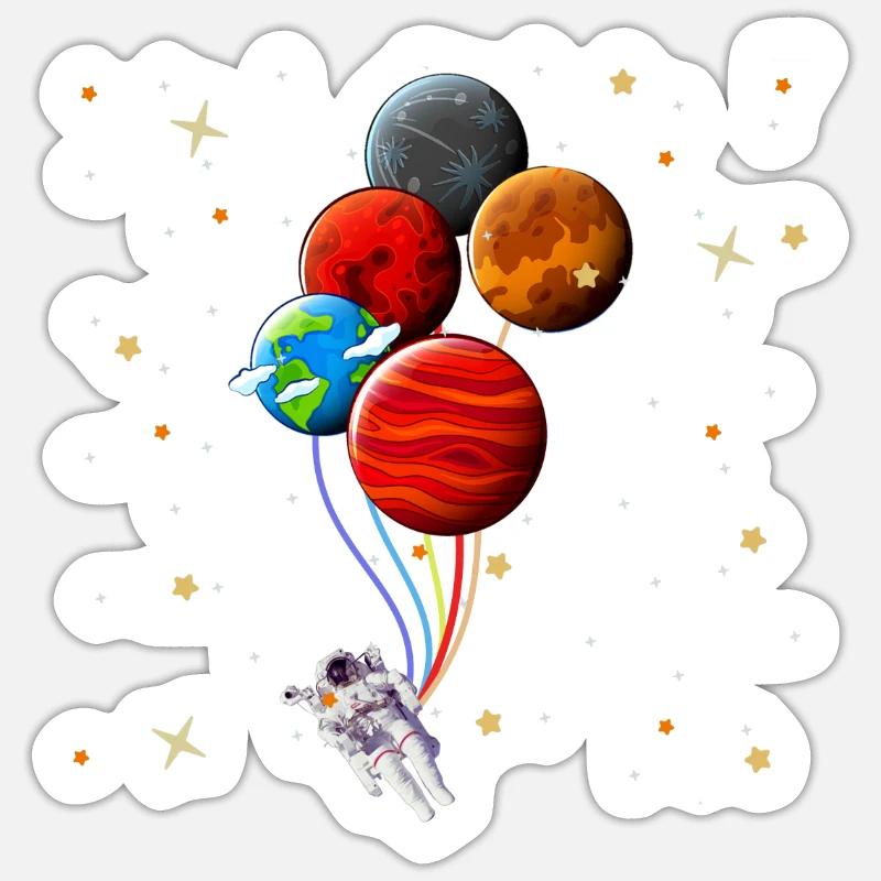 Astronaute Planètes Ballons Astronomie spatiale - Sticker taille S (10 x 10 cm) - blanc mat