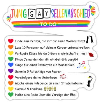 JGA Aufgaben Gay / schwul - Sticker Größe S (10 x 10 cm) - Mattweiß - Vorne