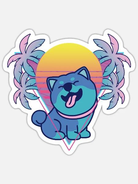 Shiba Inu Vaporwave Esthétique Rétro - Sticker taille S (10 x 10 cm) - blanc mat