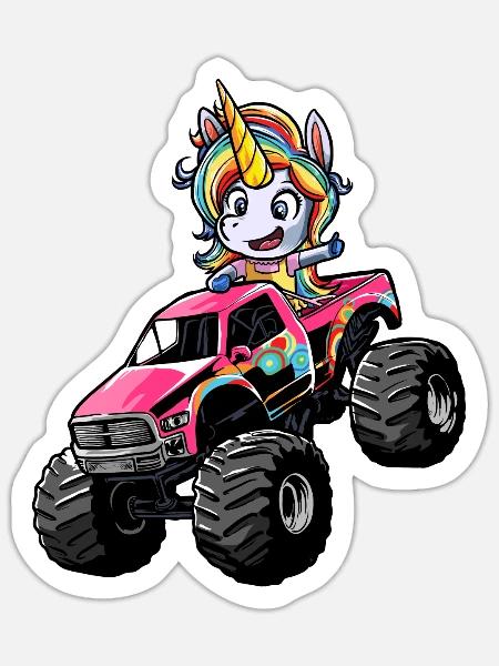 Monster Truck Einhorn Truck Girl Pickup - Sticker Größe S (10 x 10 cm) - Mattweiß