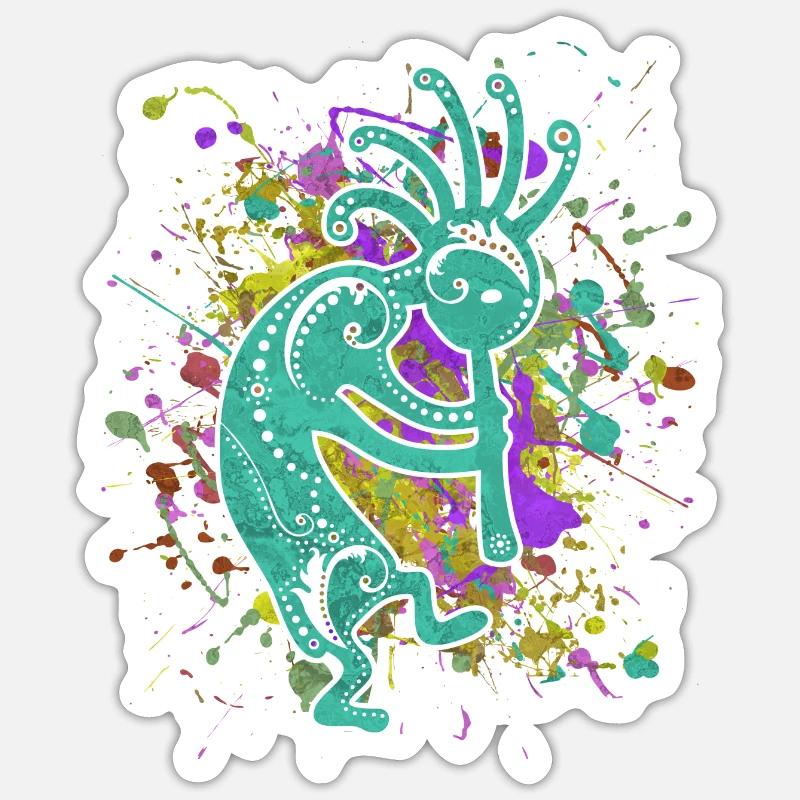 Amérindiens Kokopelli - Éclaboussures colorées 2 - Sticker taille S (10 x 10 cm) - blanc mat