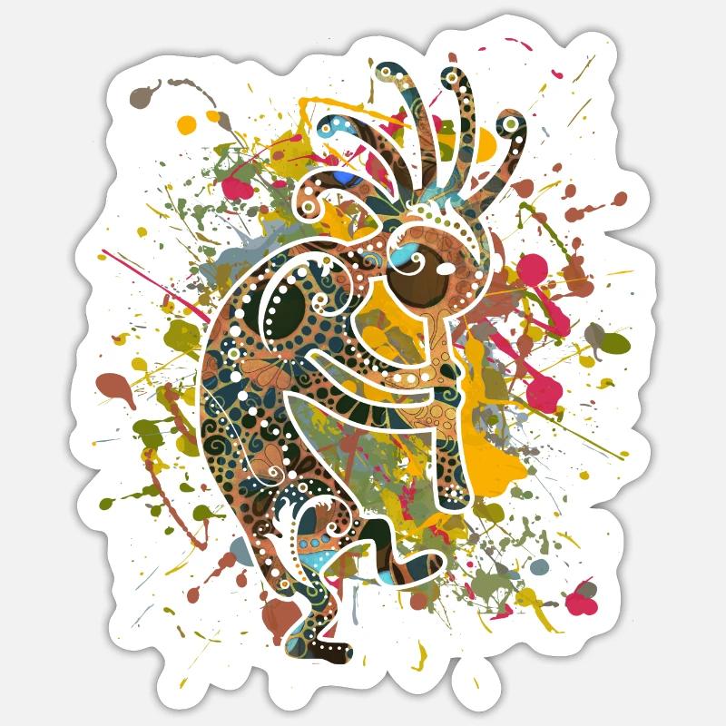 Amérindiens Kokopelli - Éclaboussures colorées 4 - Sticker taille S (10 x 10 cm) - blanc mat