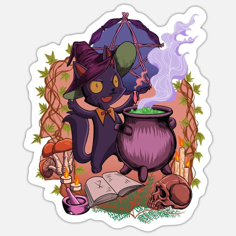 Witchcore - at the cauldron stands the witch cat - Sticker size S (10 x 10 cm) - white matte