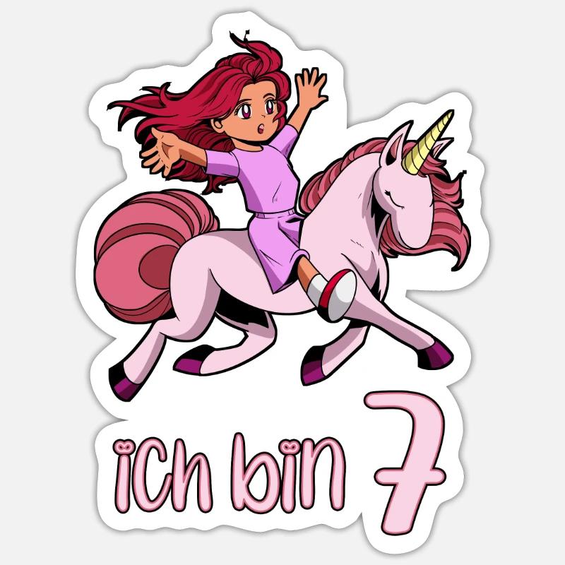 Geburtstagsshirt Einhorn - 7 Geburtstag Mädchen - Sticker Größe S (10 x 10 cm) - Mattweiß